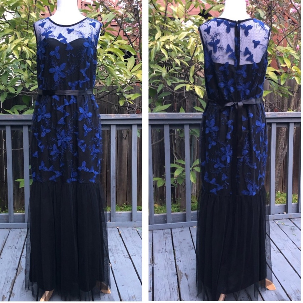 Candalite Floral Embroidered Black Blue Lace Mesh Mermaid Evening Dress, size L